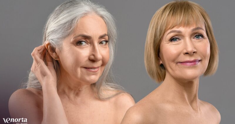 Graceful aging concept. Beauty portrait of two senior women posing half-naked over grey studio background. Sensual naked mature ladies smiling and looking at camera, collage