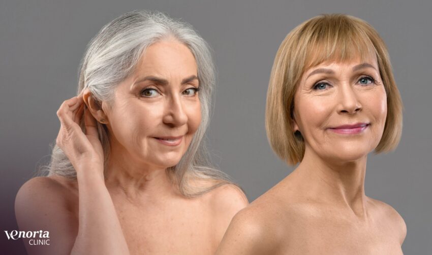 Graceful aging concept. Beauty portrait of two senior women posing half-naked over grey studio background. Sensual naked mature ladies smiling and looking at camera, collage