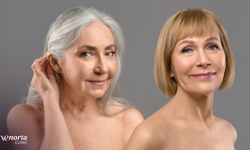 Graceful aging concept. Beauty portrait of two senior women posing half-naked over grey studio background. Sensual naked mature ladies smiling and looking at camera, collage